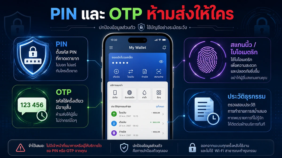 ภาพอธิบายการปกป้องบัญชี e-Wallet ด้วย PIN OTP Biometrics และประวัติธุรกรรม