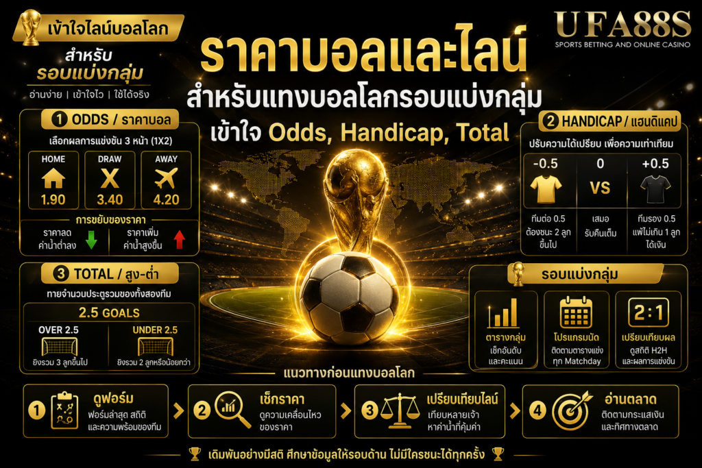 ราคาบอลและไลน์สำหรับแทงบอลโลกรอบแบ่งกลุ่ม เข้าใจ Odds, Handicap, Total